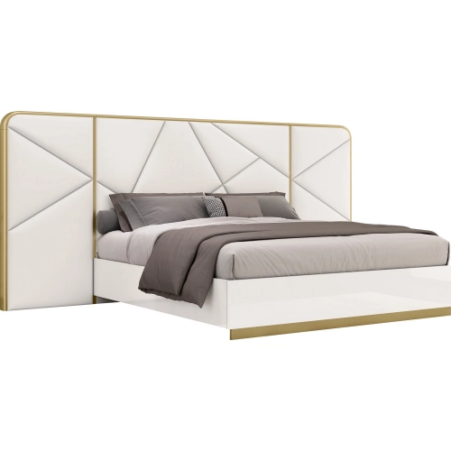 Luna Oro King Bed in High Gloss White Lacquer, White Vegan Leather & Gold Metal